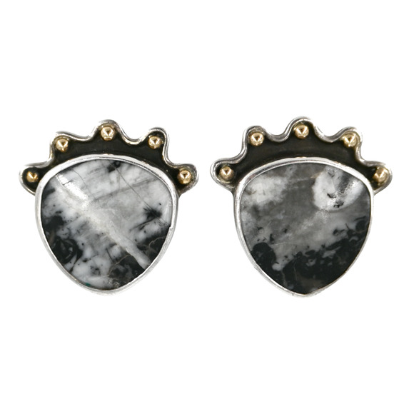 Dian Malouf Sterling Silver 14K Dot Accents Gray Stone Clip On Earrings - Picture 1 of 10
